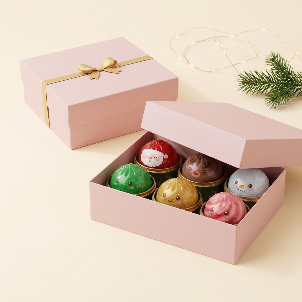 The Christmas Baozi Box - six glitter-jelly squishies in a pink gift box, with a second box to gift