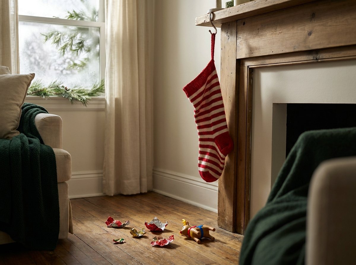 A half-empty stocking and a broken toy the morning after Christmas