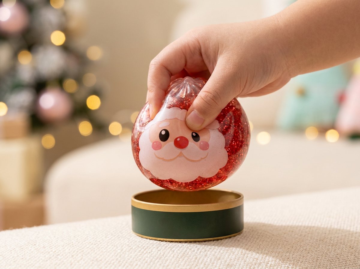 A child squeezing the Santa glitter-jelly baozi squishy